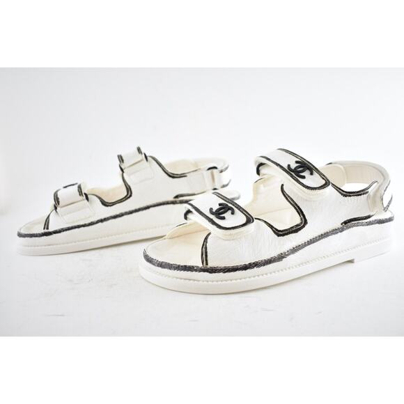 Chanel 22C White Black Graffiti CC Logo Mule Slide Strap Flat Dad Sandal 36.5 - Picture 10 of 12